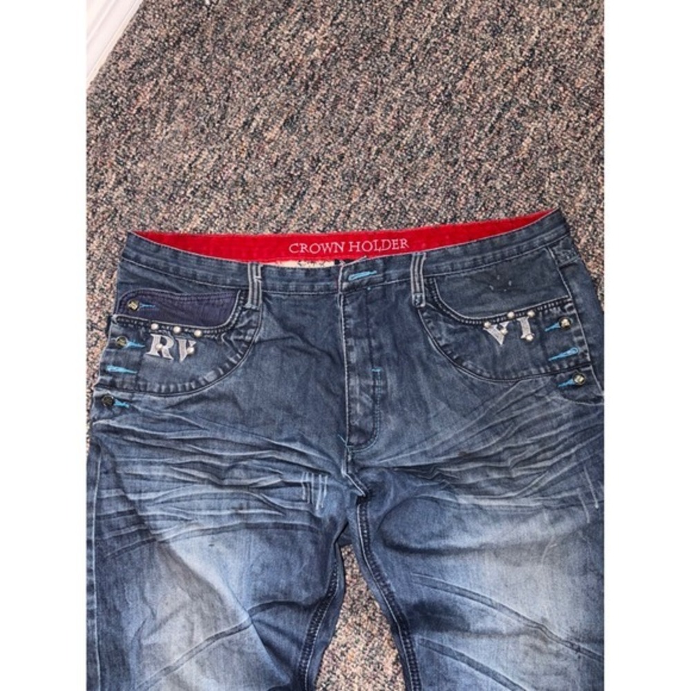 Vintage Crown Holder Mens Baggy Distressed Embroidered Jeans Dark Wash Y2K 44/35 - Picture 5 of 8